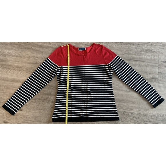 Karen Scott Women's Black White Red Stripe Sz S Soft Sweater W/ Shoulder Buttons - Picture 1 of 4